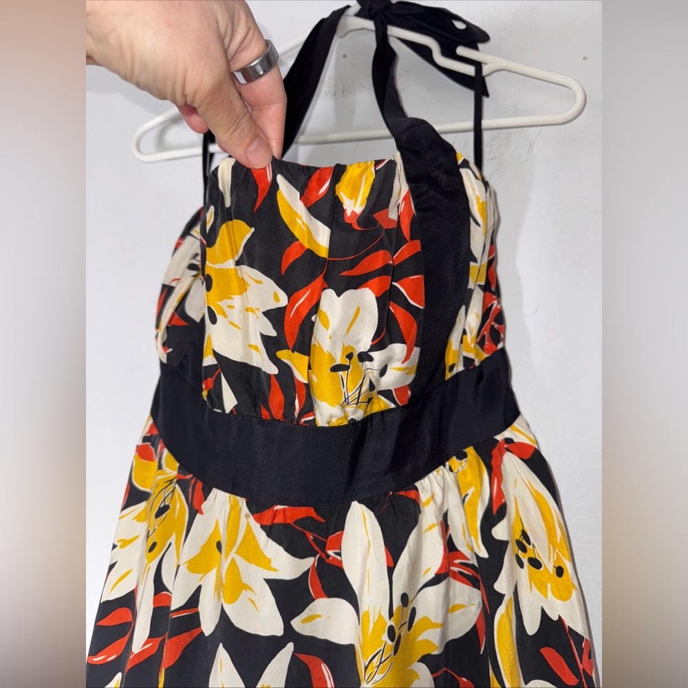 Moulinette Soeurs* Black & Yellow Small Silk Floral Print Halter Neck A-Line 8 - Picture 2 of 8